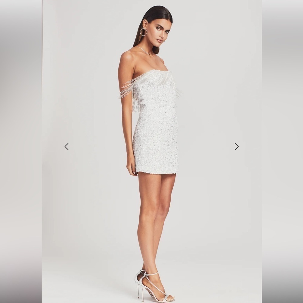 RETROFETE Cassandra Sequin Fringe Mini Dress White Size XS Wedding Bridal